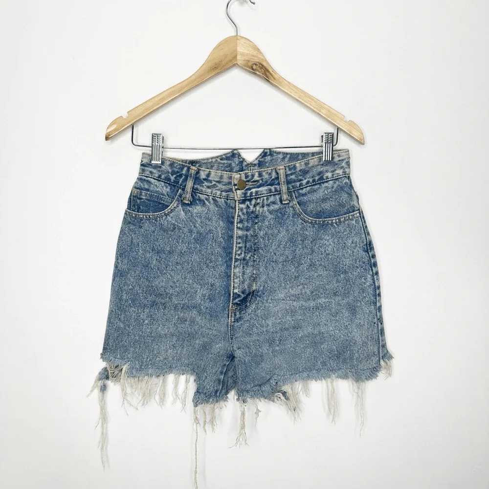 vtg 80s PARIS BLUES acid wash denim shorts distressed hand painted womens 26 11